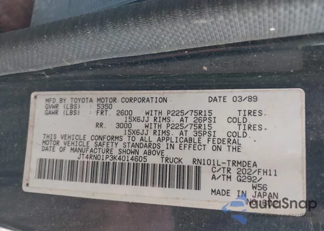 1989 Toyota Pickup 1/2 Ton Sht Wheelbase Dlx from USA, damaged, VIN JT4RN01P3K4014605